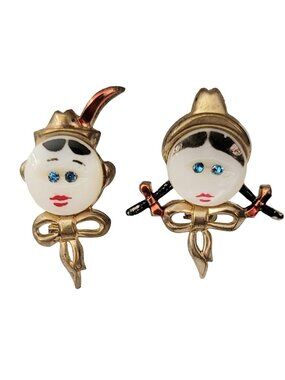 Uncas Mexico Shell Button Blue Rhinestone Boy Girl Pair Pins, Signed M86